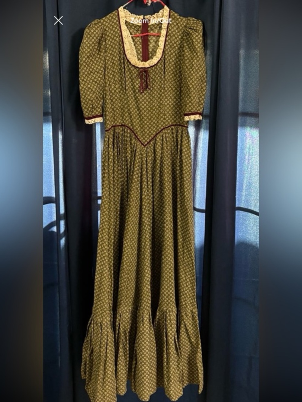 Handmade Olive Green Prairie Patterned Maxi Dress with Lace Trim